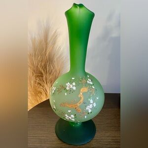 Green Hand Painted Floral Glass Vase, Decanter